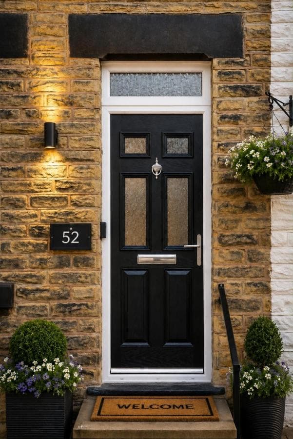 The black front door at 52 St George's Road, Barnsley